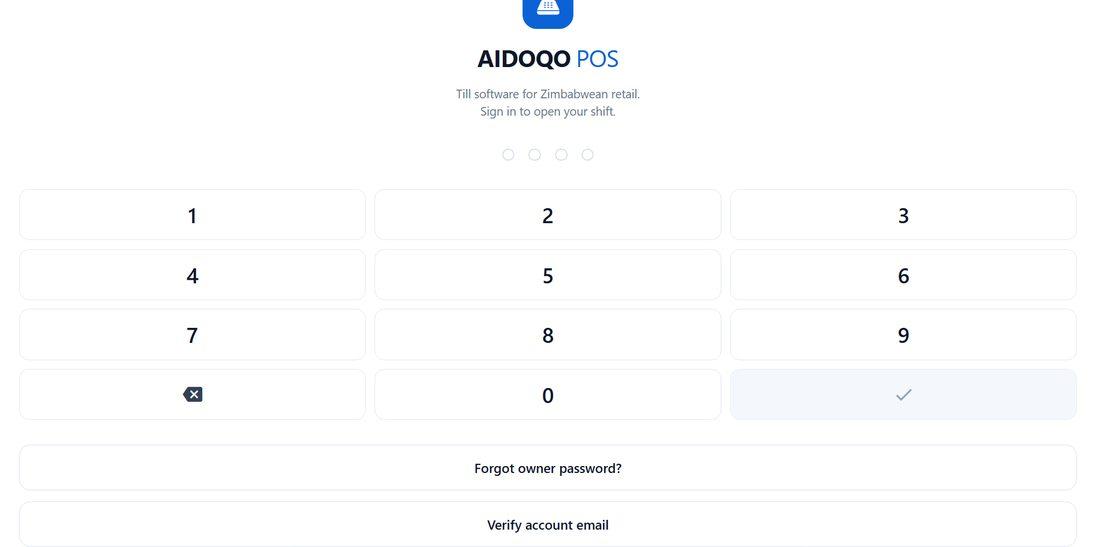 Aidoqo POS sign-in screen: till software for Zimbabwean retail, with a PIN pad to open a shift
